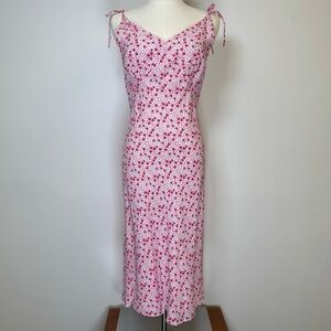Floral Sundress Spaghetti Strap Ties Pink Purple Midi Length Womens Size Medium